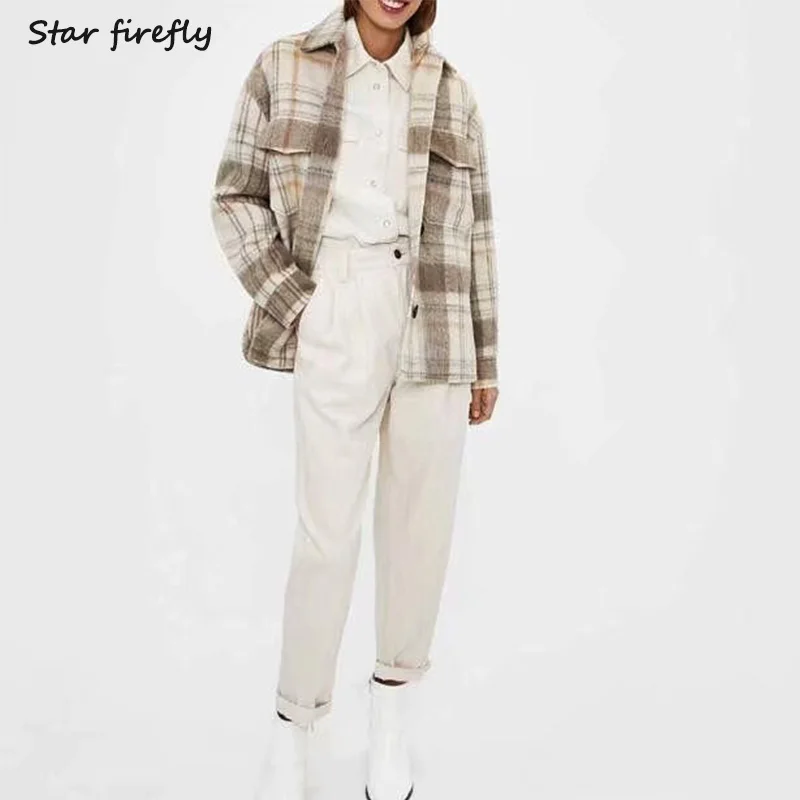buy Star firefly high quality elegant plush coat female 2019 casual retro plaid loose jacket women lape