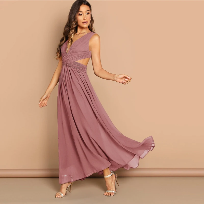 SHEIN Однотонное Платье С Глубоким V-Образным Вырезом Женское Голубое Элегантное Платье Без Рукавов С Открытой Спиной