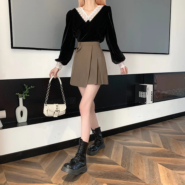 女性用ハイウエストプリーツスカート レトロなスタイルの黒の短くてセクシーなシティウェア Aliexpress Mobile