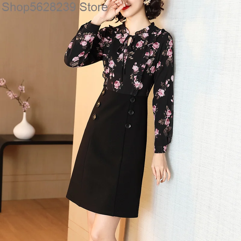 

Splicing Fake Two Piece Dress Temperament Slim And Expensive Madam Printing Auricularia Auricularia Side Chiffon Plus Velvet