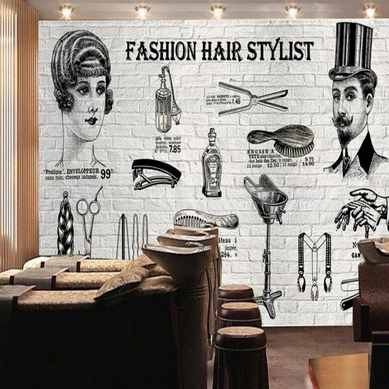 

Drop Shipping Photo Wallpaper Europe And America Nostalgia Brick Wall Wooden Mural Barber Beauty Shop Salon Custom Wallpaper