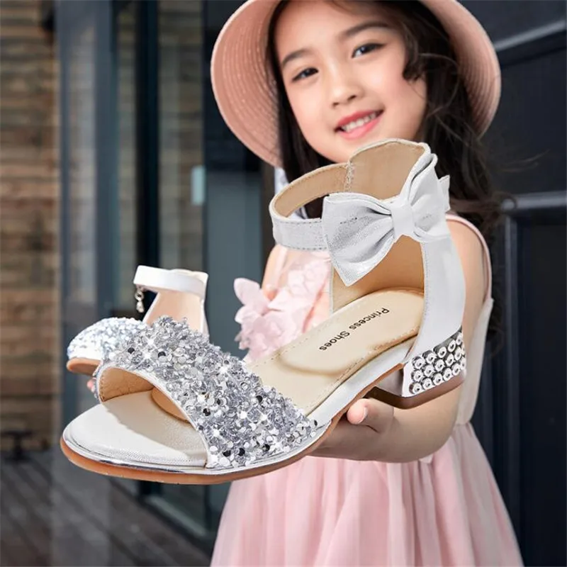 Weoneit/Лидер продаж; сандалии для девочек; модная блестящая обувь со стразами для девочек; Детские босоножки на низком каблуке; цвет розовый, серебристый; Размеры 26-37