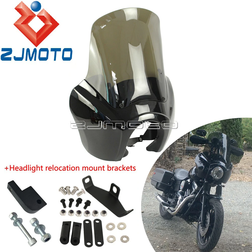 For Harley Dyna Low Rider Fat Street Bob Wide Glide Motorcycle 5.75'' Headlight Fairing Cowl Cover Mask w/Mounting Kit Smoke