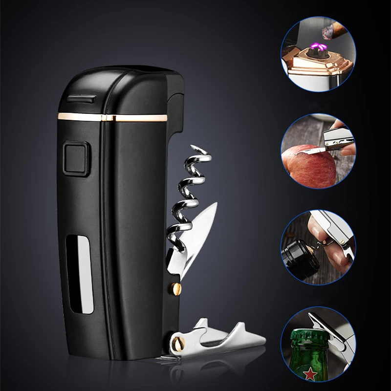 Multifunctional Electric Double Arc Lighter Windproof Rechargeable Ignitor Compact with Power Display Corkscrew Knife