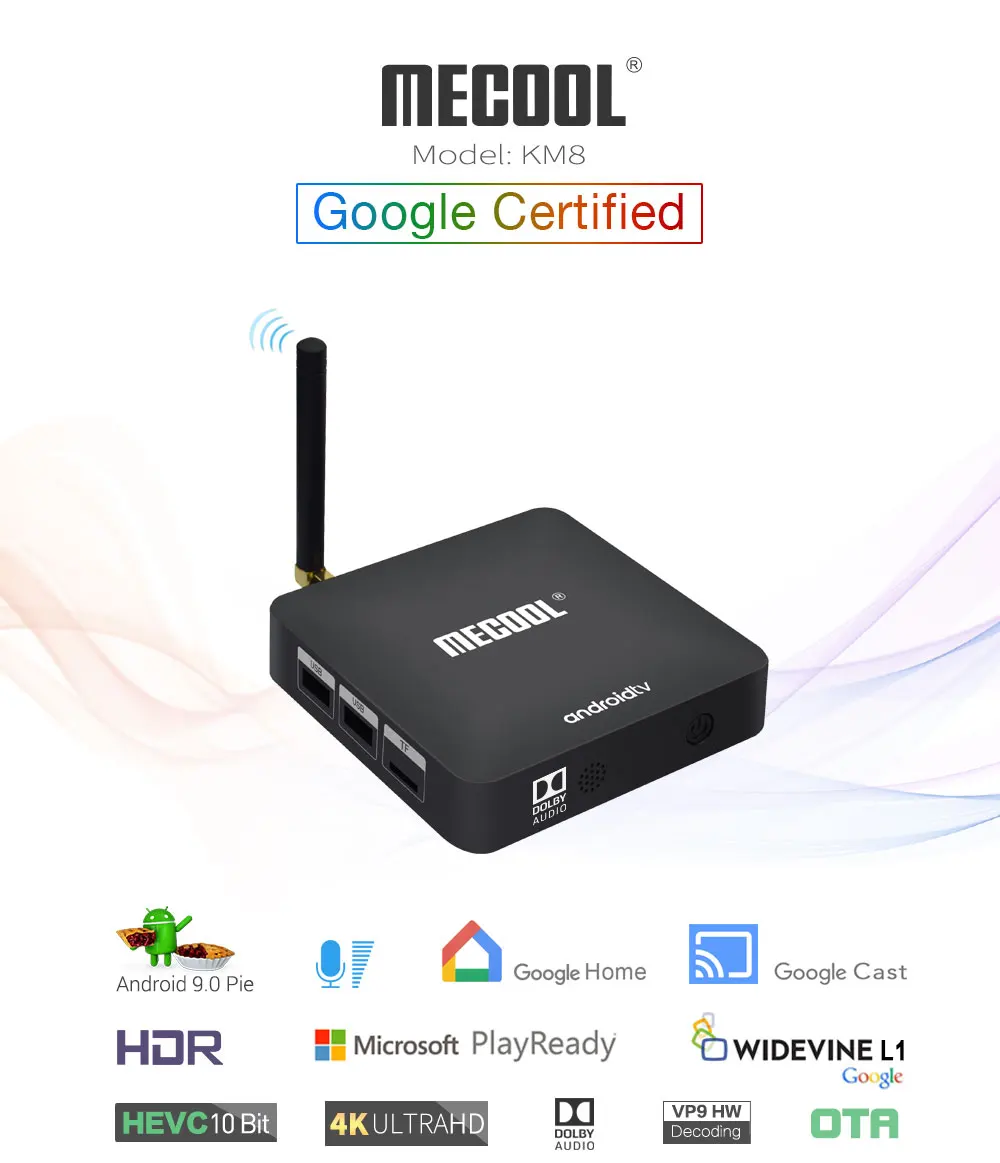 Mecool KM8 Android 9,0 tv Box Voice 2 Гб 16 Гб Amlogic S905X 2,4G WiFi HDR 10 H.265 4K@ 60fp Dolby Google Cast сертифицированная коробка