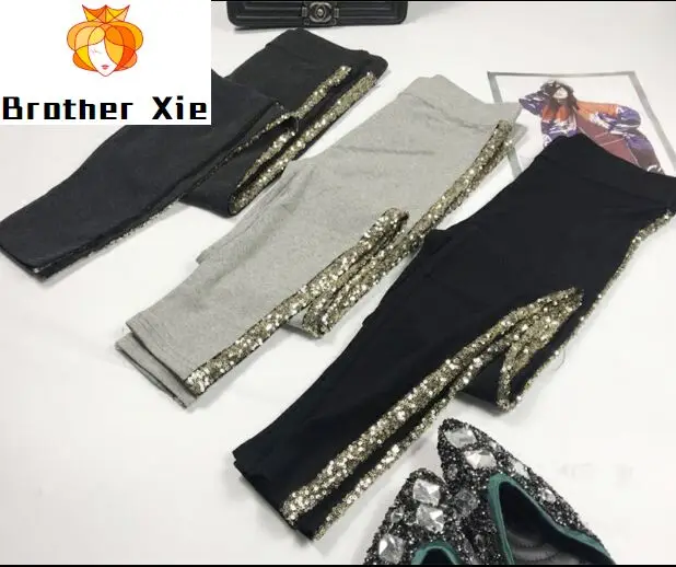 

Spring Summer Pencil Pants Women Fashion Sequins Side Striped Cotton Pants Girls Ladies New Autumn Grey Stretch Trousers Femme