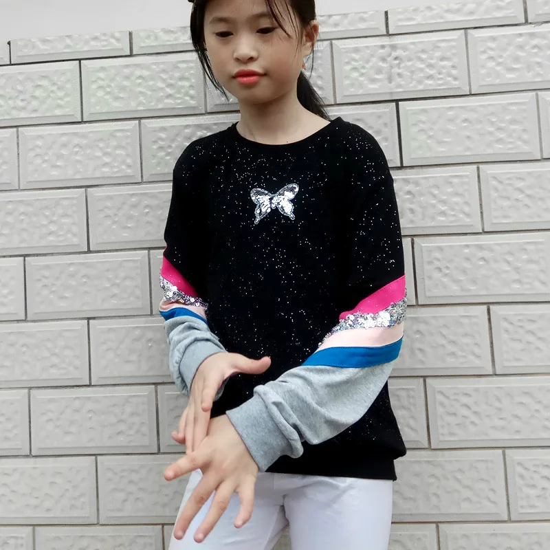 

Girls long-sleeved T-Shirts sequins stitching tops Cotton Autumn Spring Children's Large Kids Sequined Top Girls Clothing 4-12