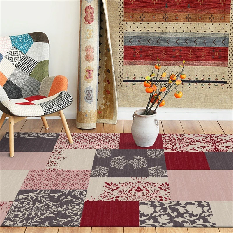 

European and American Style Area Rugs Geometric Red Gray Patchwork Plaid Carpets Living Room Bedroom Bedside Non-Slip Floor Mats