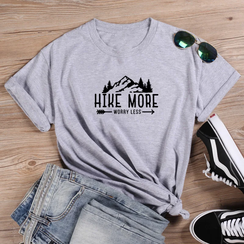 Женская футболка с коротким рукавом Hike More Worry Less Повседневная из хлопка свободная футболка|Футболки| |