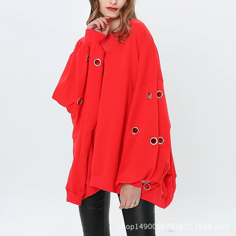 Свободный Круглый вырез пуловер сплошной цвет Толстовка Универсальный рукав летучая мышь металлическое кольцо Футболка Топ женщина