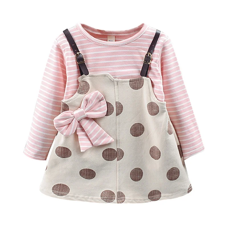 

New Autumn Casual Baby Girls Striped Polka Dot Print Long Sleeve Fake 2 Piece Dress Kids Sundress With Bowknot