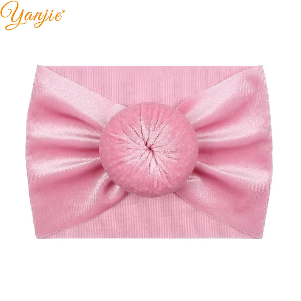 Headband A-lt pink Тюрбан с круглым помпоном из мягкого бархата для девочек; коллекция года; зимняя детская однотонная бархатная эластичная повязка на голову; резинки для волос; аксессуары для волос - Цвет: Headband A-lt pink