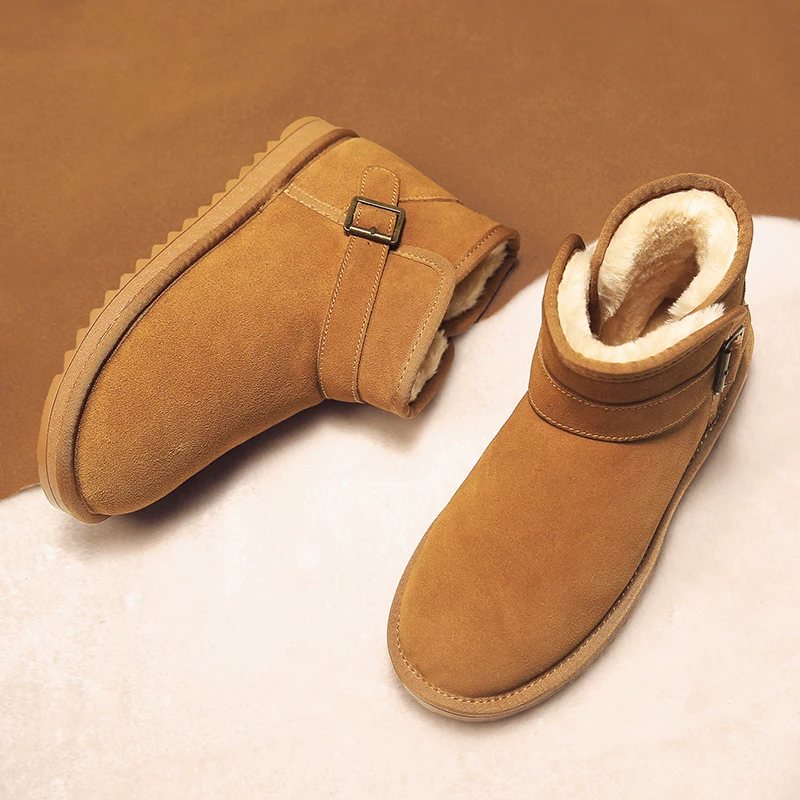 

Unisex Winter Snow Boots With Buckle Cowhide Leather Men Wool Fur Lined Short Ankle Boots Warm Shoes Brown Black