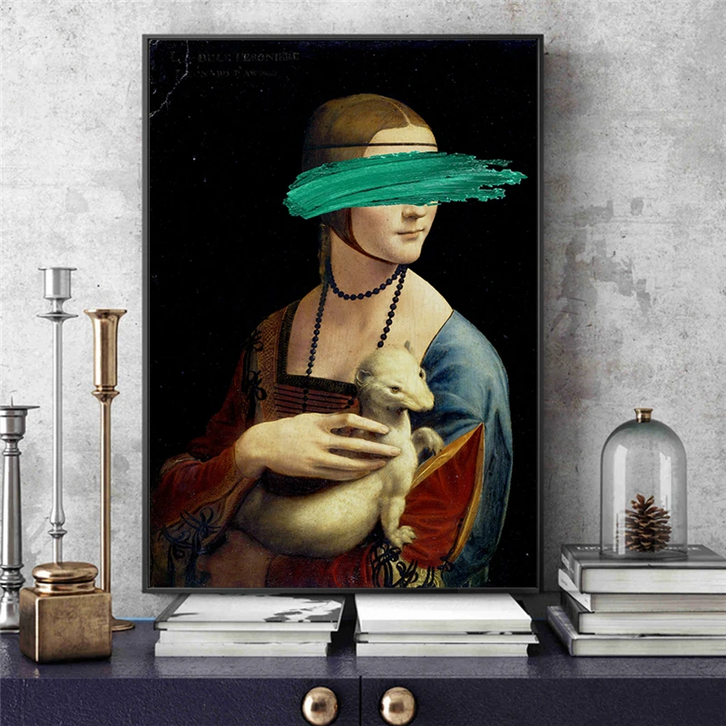 

Leonardo Da Vinci-The Lady with An Ermine Canvas Art Paintings Cover Face Pop Art Canvas Picture for Living Room Wall Decoration