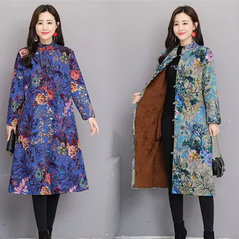 

Uego Thicken Fleece Warn Winter Coats Cotton Linen Print Floral Buckle Vintage Women Coat Plus Size Outerwear Winter Coat