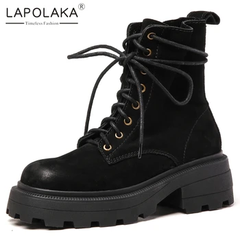 

Lapolaka New Design Cow Suede Top Quality Ankle Boots Ladies Thick Heels Platform Skidproof Comfy INS Shoes Woman Boots