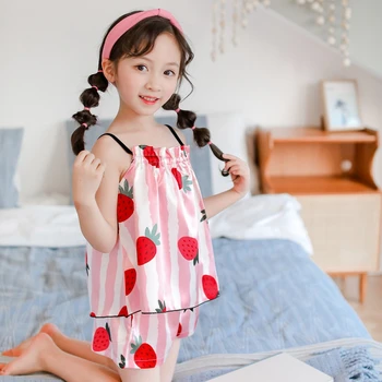 

2020 Kids Baby Girls Silky Satin Pajama Set Clothes Sling Vest Spring Summer Cute Print Nightwear Outfit Homewear