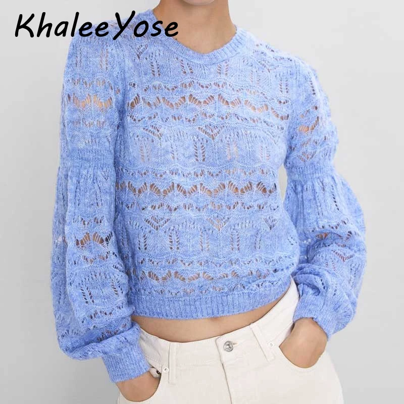 

KHALEE YOSE Blue Long Sleeves Sweater Pullovers Hollow Out Knit Sweater Autumn Winter Women Casual Chic Sweaters Jumper 2019