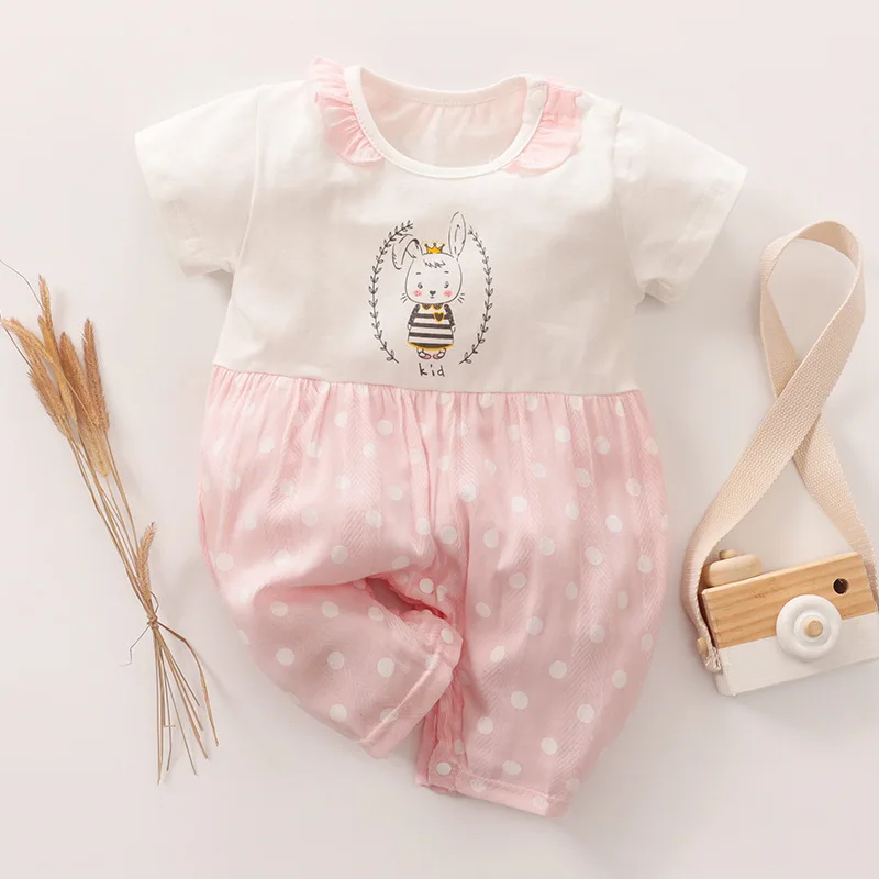 

Summer 2019 new female baby fake two straps conjoined clothes baby short sleeve cotton cute princess ha clothes