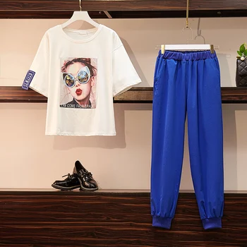 

2020 Size Plus Summer Two Piece Set women's Sports Sets Character Print T shirt + Elastic Waist Pants Suit Casual Loose Clothing