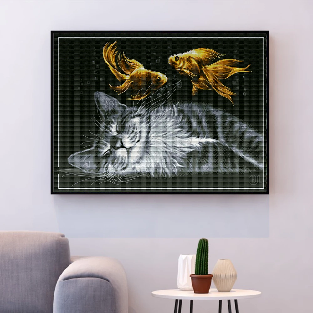 

HUACAN Cross Stitch Cat Animal Needlework Sets For Full Kits White Canvas DIY Embroidery Home Decor 14CT