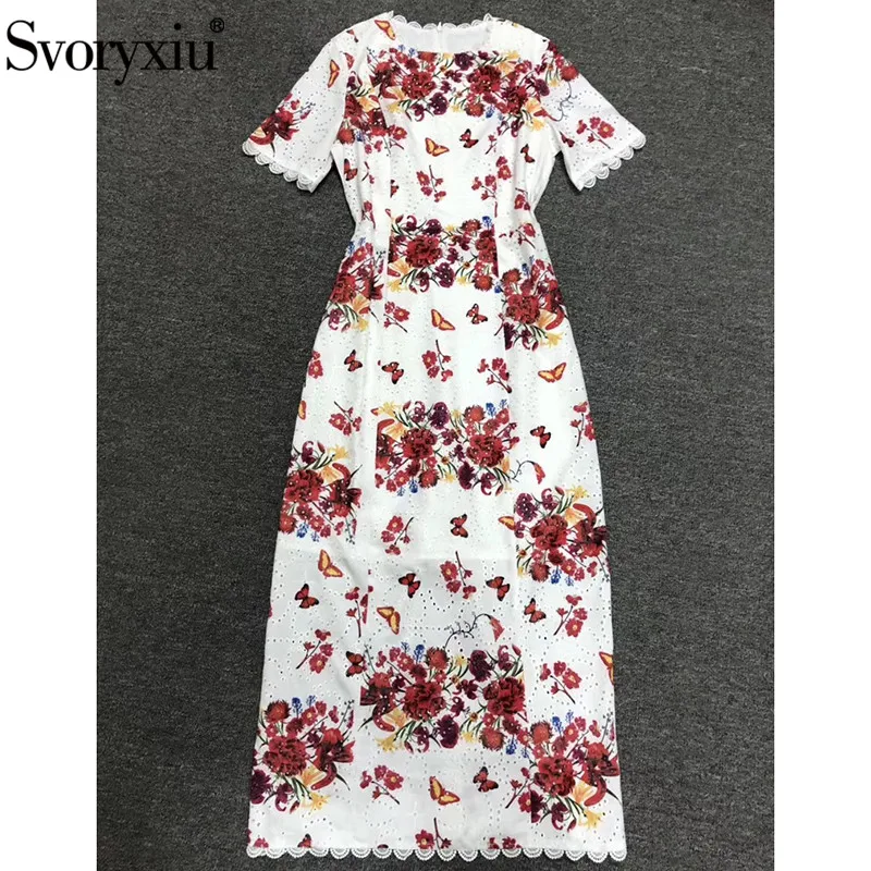 

Svoryxiu Elegant Hollow Out Embroidery Flower Print White Dress Women's Short Sleeve Summer Party Runway Midi Dresses Vestdios