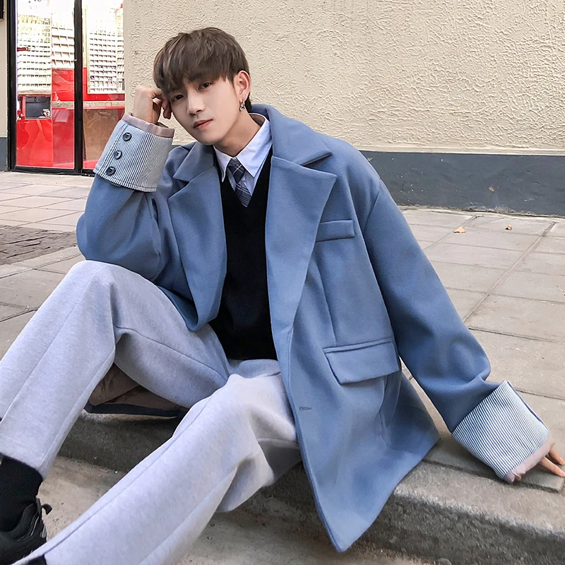 navy blue EWQ/ Новое модное осенне-зимнее мужское шерстяное пальто Свободный Повседневный костюм куртка с воротником в полоску и пуговицами 9A413 - Цвет: navy blue