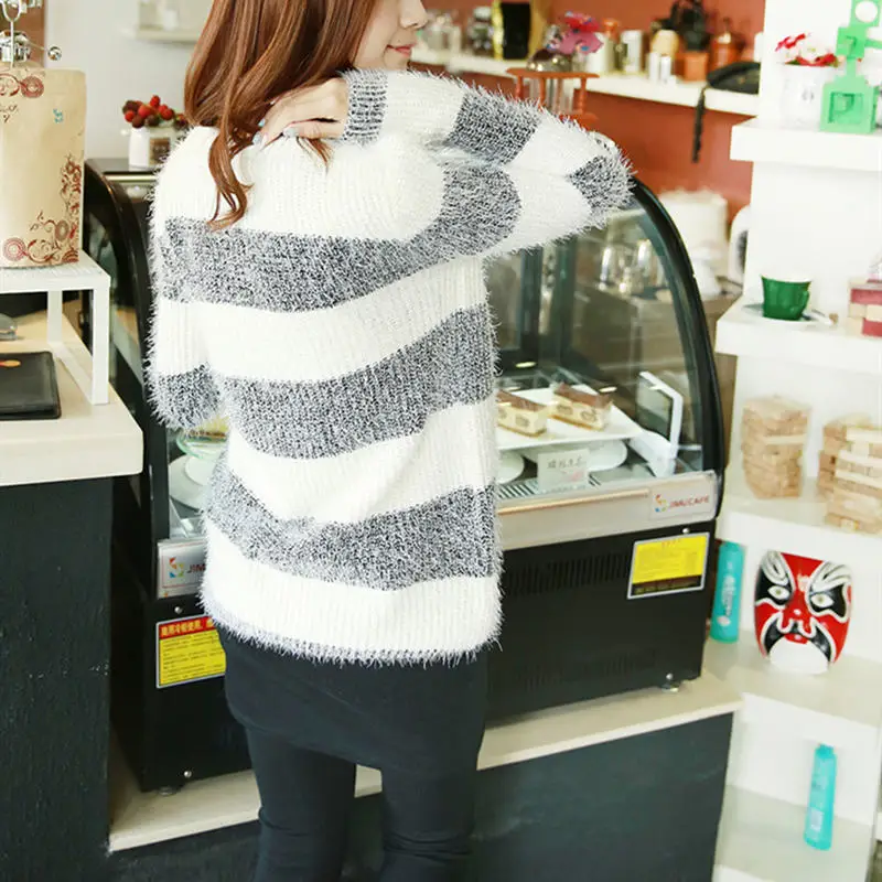 argyle sweater Spring Autumn Mohair Women's Sweater Round Collar Long Sleeve Pullover Knitted Striped Loose Fashion Office Lady Sweater cardigan for women