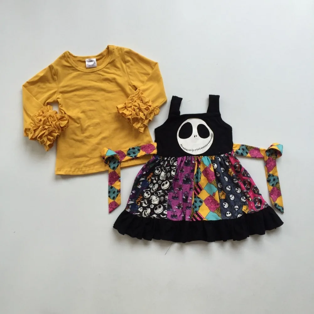 Одежда для маленьких девочек; осеннее платье; наряды; желтый топ с оборками для девочек; платье на Хэллоуин; платье с изображением привидения
