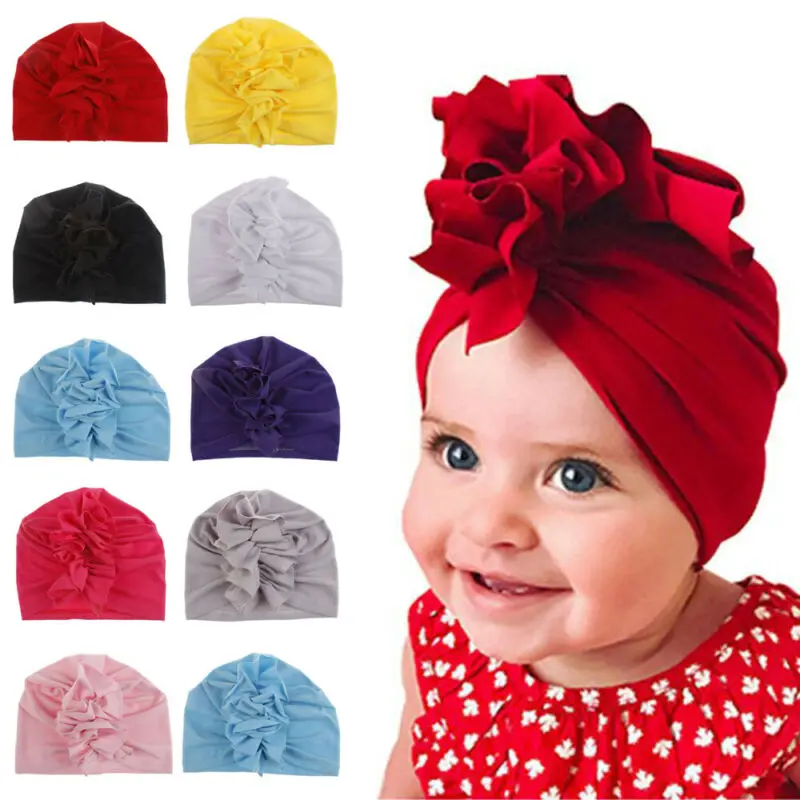 Милая Хлопковая шапочка-чалма с бантиком и оборками для новорожденных и маленьких мальчиков и девочек, регулируемая шапка принцессы с цветочным рисунком