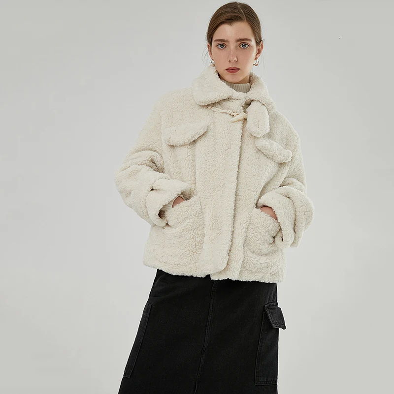 [EAM] Loose Fit Lambswool Split Big Size Warm Jacket New Stand Collar Long Sleeve Women Coat Fashion Tide Autumn Winter