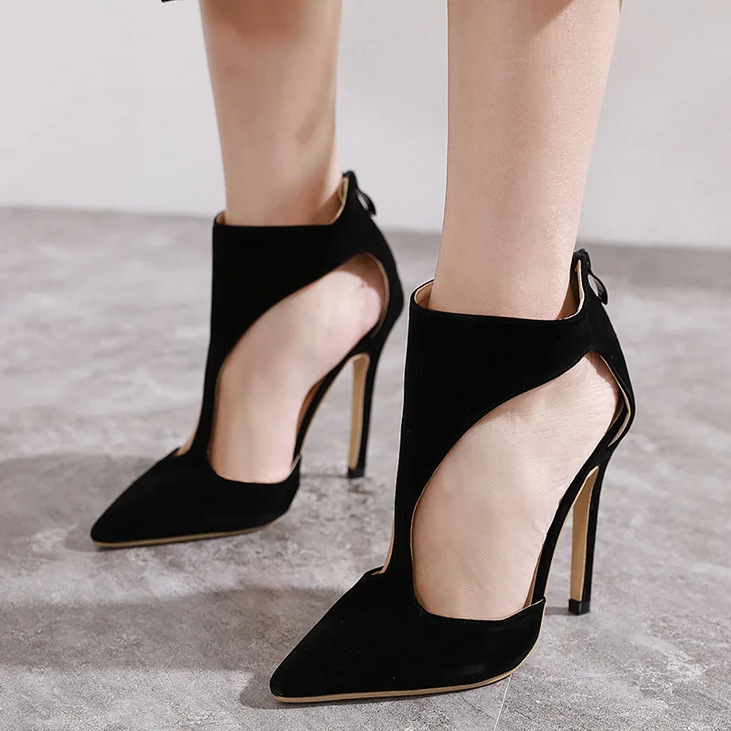 

Summer New High Heel Sandals Party Fashion Sexy Cover Heel Thin Heels Flock Zip 12cm High Heels Pointed Toe Rome High Quality