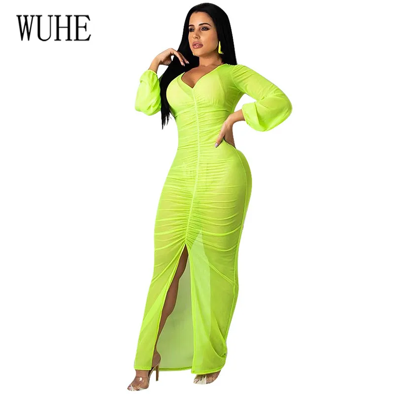 

WUHE Perspective Solid Mesh Slim Maxi Dress Elgant Long Sleeve Women Boho Beach Party Club Stylish Dress Femme Fashion Robe