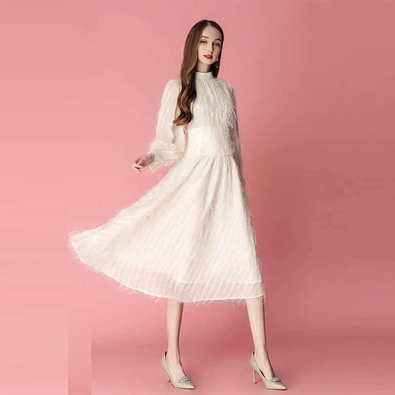 

WOMEN'S Dress 2019 New Style WOMEN'S Dress Stand Collar Tassels mao mao qun Lantern Sleeve High-waisted Mid-length Elegant Dress