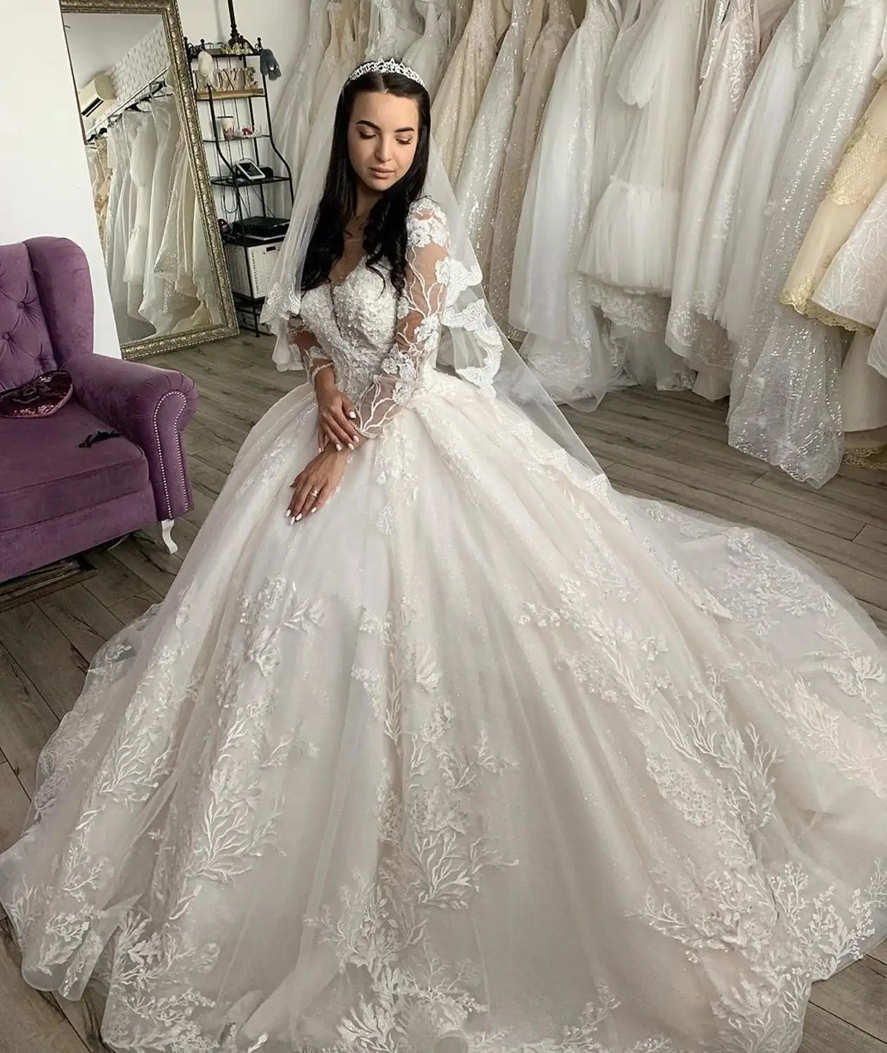same as picture Бальное платье с длинным рукавом свадебное платье Роскошные кружевные цветочные свадебные платья принцесса Vestido de noiva - Цвет: same as picture