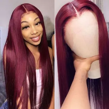

Bombshell Dark Wine Red Burgundy Straight Synthetic 13*3 Lace Front Wig Heat Resistant Fiber Hair Natural Hairline For Women