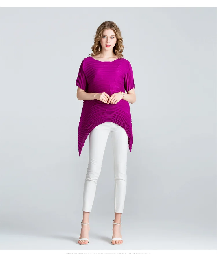 Новинка, пуловер с круглым вырезом, футболка, простая свободная одежда Miyake fold top - Цвет: purple red