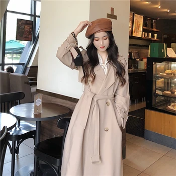 

2020 Spring Autumn Korean Mid-length Loose Long sleeve Belt waist Trench coat Casual Solid Windbreaker Outerwear Ladies Coats