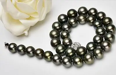 Stunning11-12mm Tahitian черный зеленый Жемчужное ожерелье 18 дюймов
