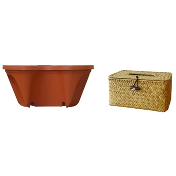 

1 Pcs Stackable Three Pedal Pot Basket Container, Maroon & 1 Pcs Rattan Manual Woven Toilet Living Room Tissue Box