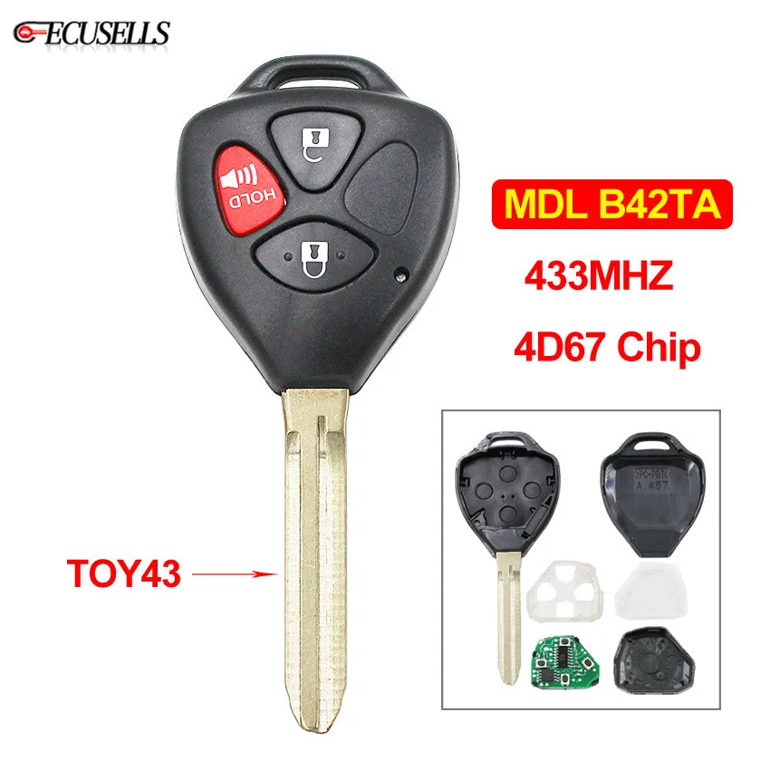 3 Button Smart Remote Key fob for Toyota 433MHZ with 4D67 chip uncut TOY47 