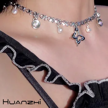 

HUANZHI 2020 New Punk Rhinestone Pearl Choker Hollow Butterfly Pendant Clavicle Chain Necklace for Women Party Jewelry