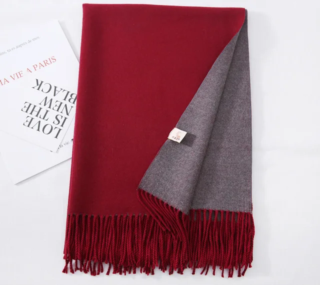 wine red gray Роскошный двусторонний шарф женский двухсторонний классический однотонный зимний теплый утолщенный Шарф кашемировые кисти женская накидка шаль - Цвет: wine red gray
