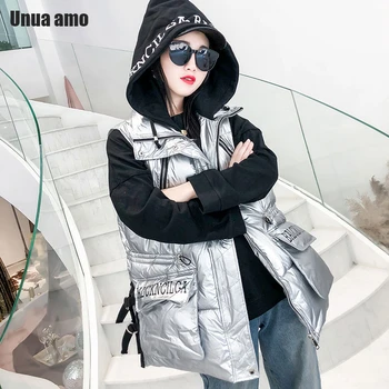 

Unua amo Winter Jacket Women Hooded Warm Parka 2020 Fashion Loose Fit Personality Down-padded Coat Winter Sleeveless Vest