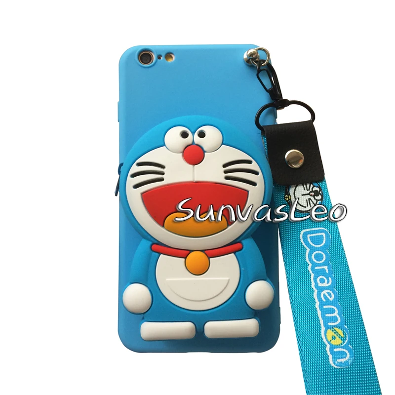 Blue Doraemon For iPhone 6 6s 7 8 Plus X XS XR XS Max 3D Purse Cute 3D Cartoon Animal Soft Silicone Case Wallet Cover With Strape Phone Cover - Цвет: Blue Doraemon