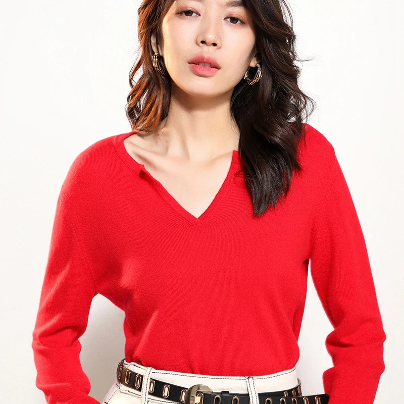 

100% Pure Cashmere knitted Sweaters for Women Top Grade V-neck Soft Pullovers Ladies 6Colors Jumpers Standard Clothes