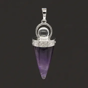 KFT Natural Healing Crystal Quartz Cone Shape Amethysts Stone with Round Beads Pendulum Stone Pendant Amulet Jewelry