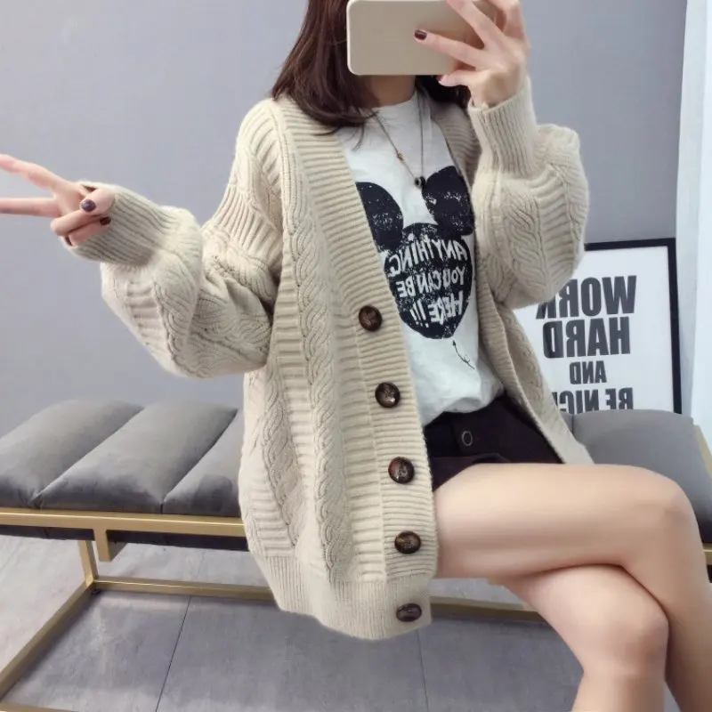 Для женщин свитер Harajuku толстый вязаный кардиган свободный однобортный однотонный Цвет Трикотажный кардиган свитер пальто Новые