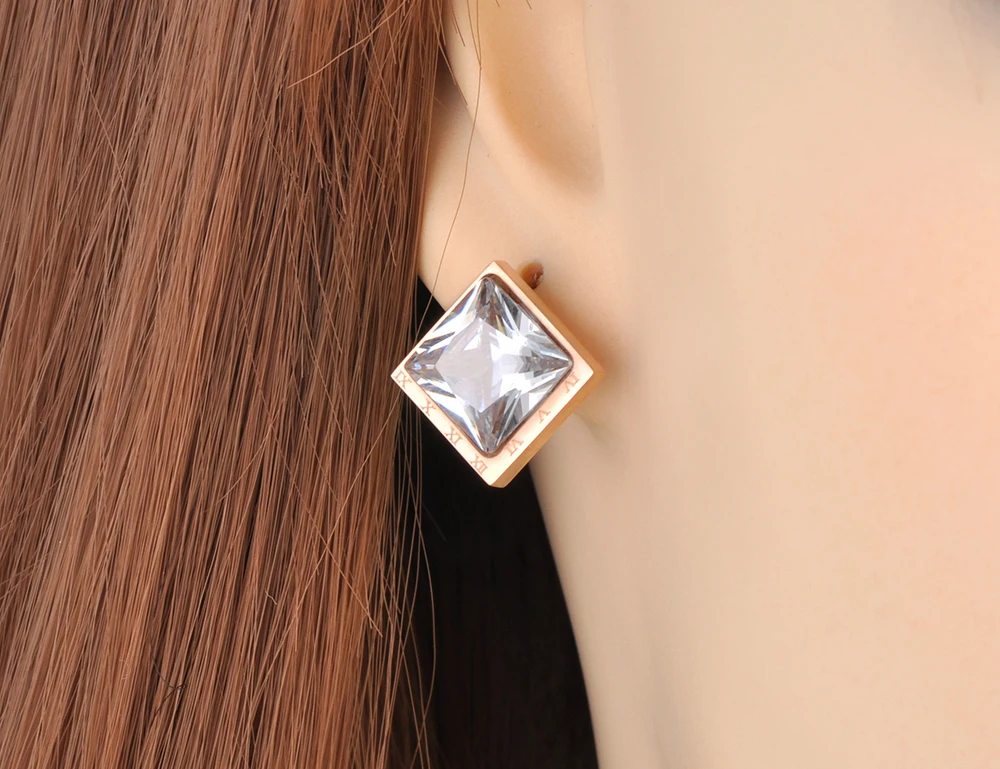 Lokaer Titanium Stainless Steel Geometry Square CZ Crystal Earrings Jewelry Rose Gold Wedding Earrings For Women Aretes E19235