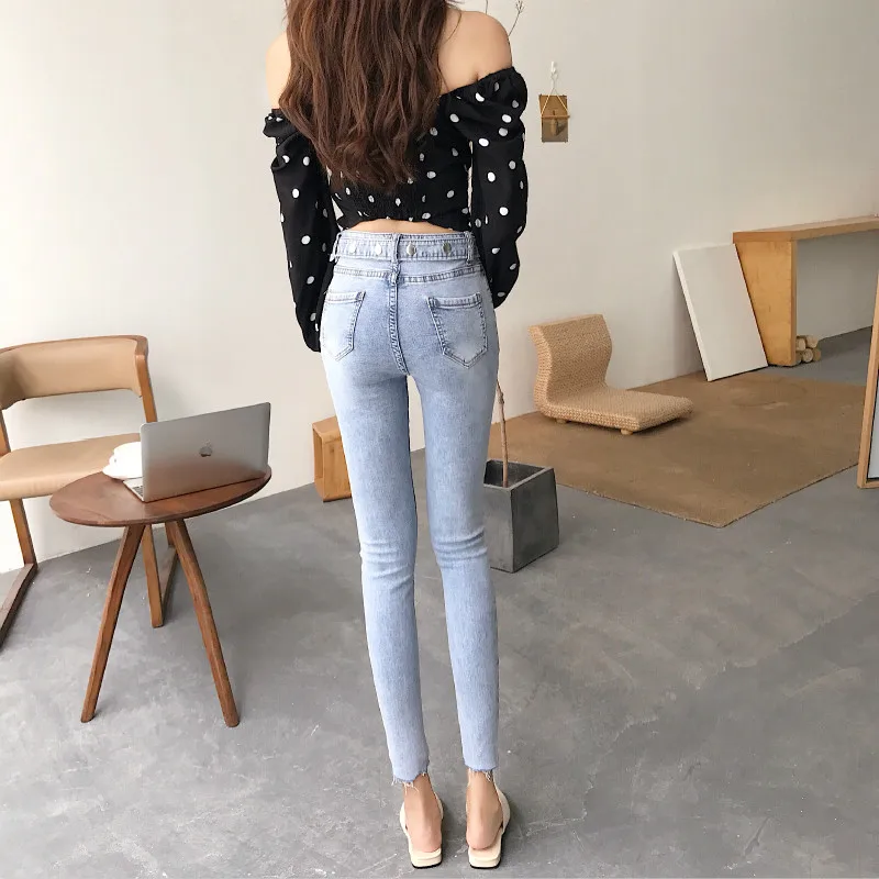 Hole-tight jeans design sense waistband nine-minute pants pencil pants women